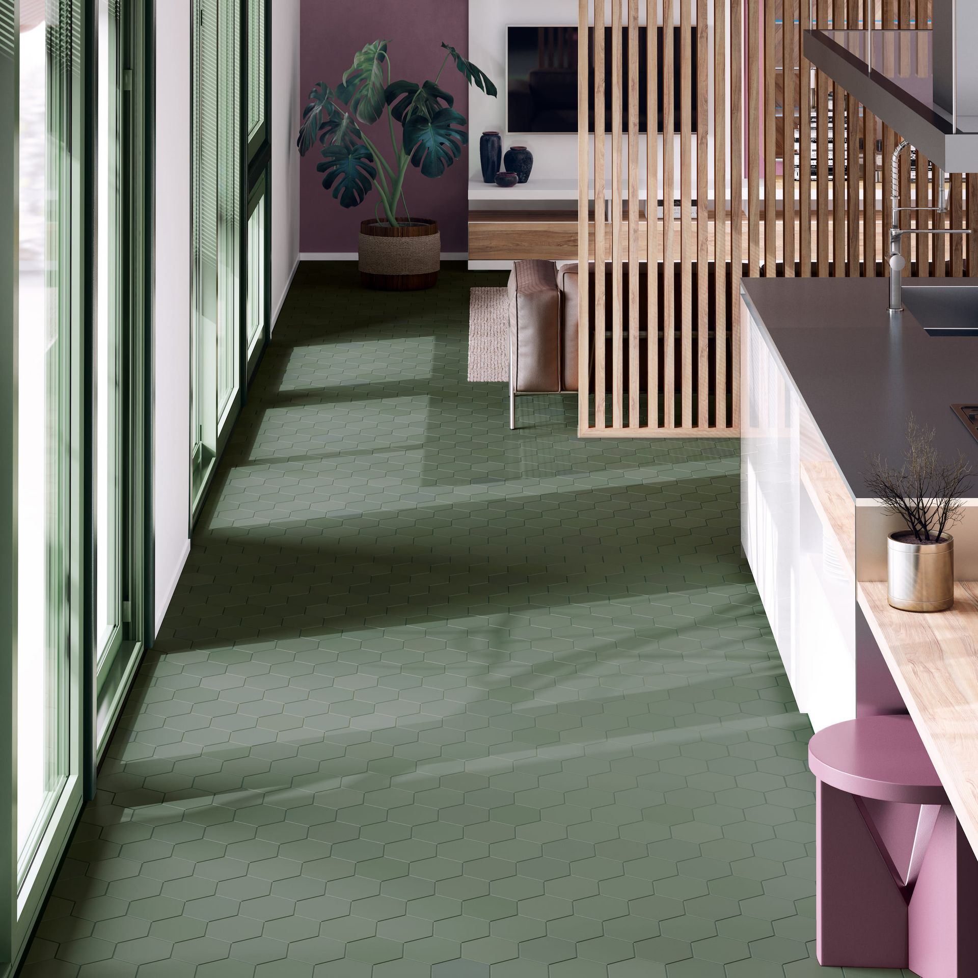 Kromatika Green tile on kitchen floor provides a fresh pop of color and contemporary style