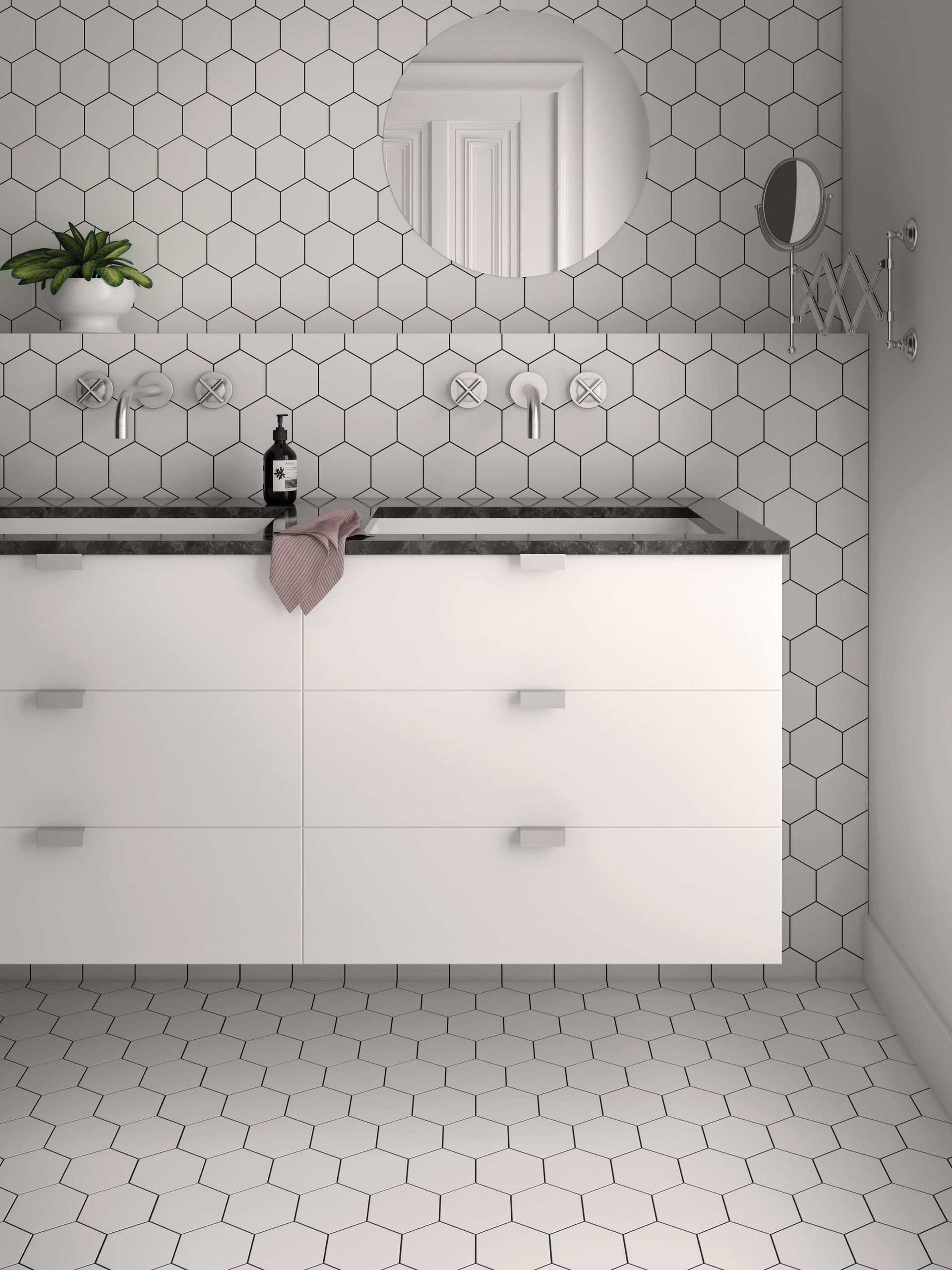Kromatika White tiles from mosaic tile depot elevate a modern bathroom wall.