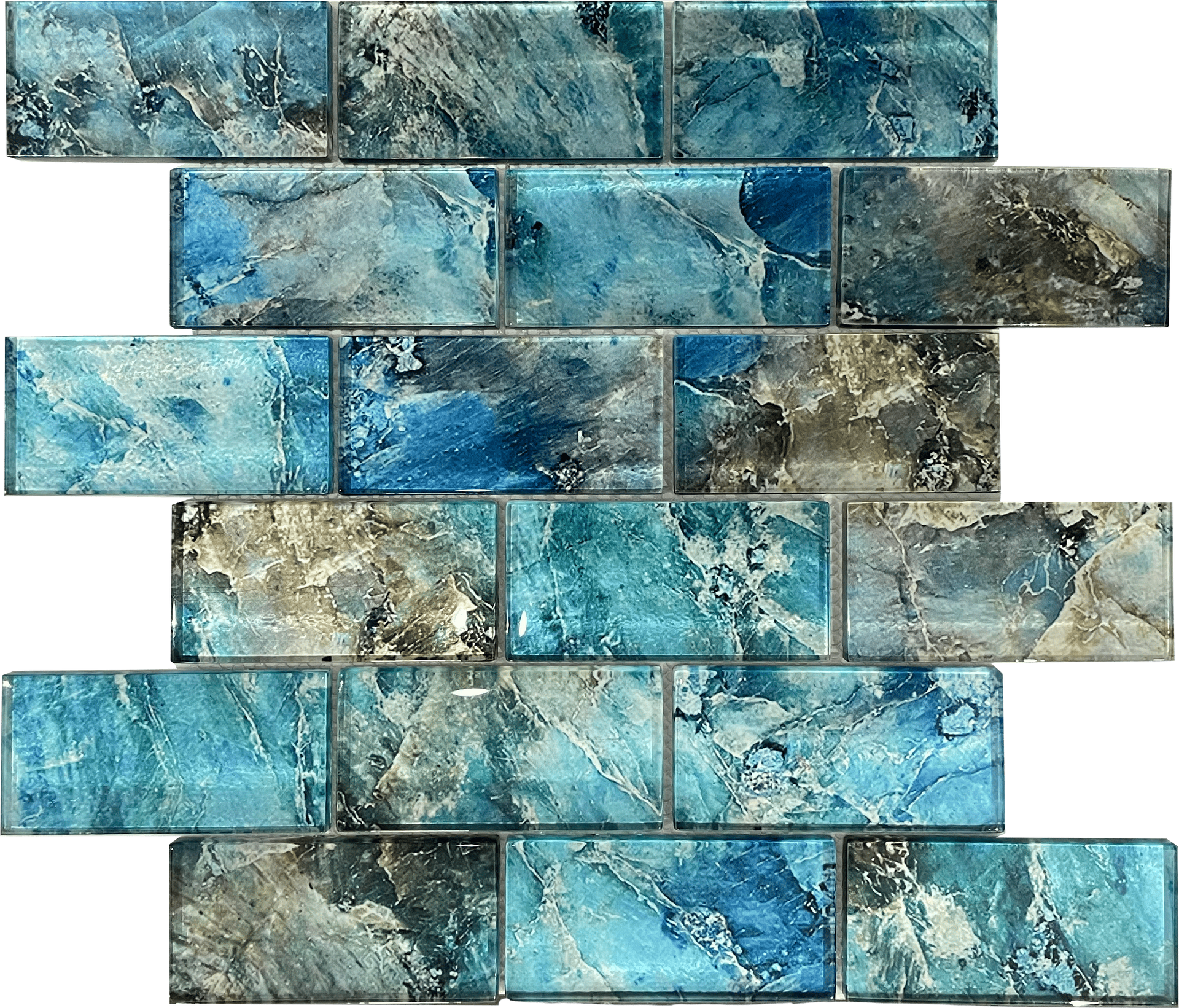 Glossy reef-toned subway glass tiles with ocean hues, ideal for backsplashes and feature walls.