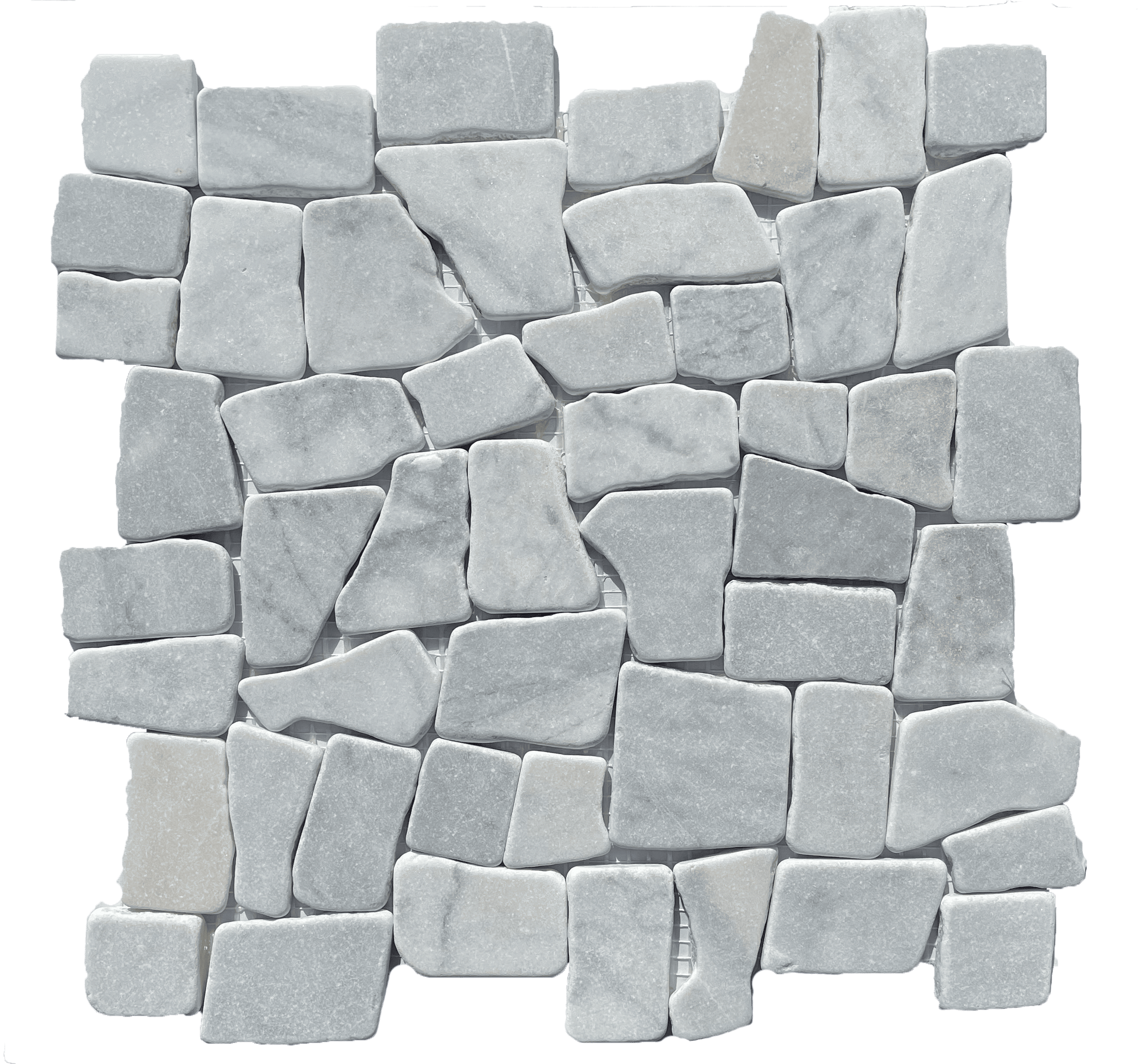 Carrara Monza Pebble Stone tile with blocky pebble shapes, perfect for natural accent walls and floors.