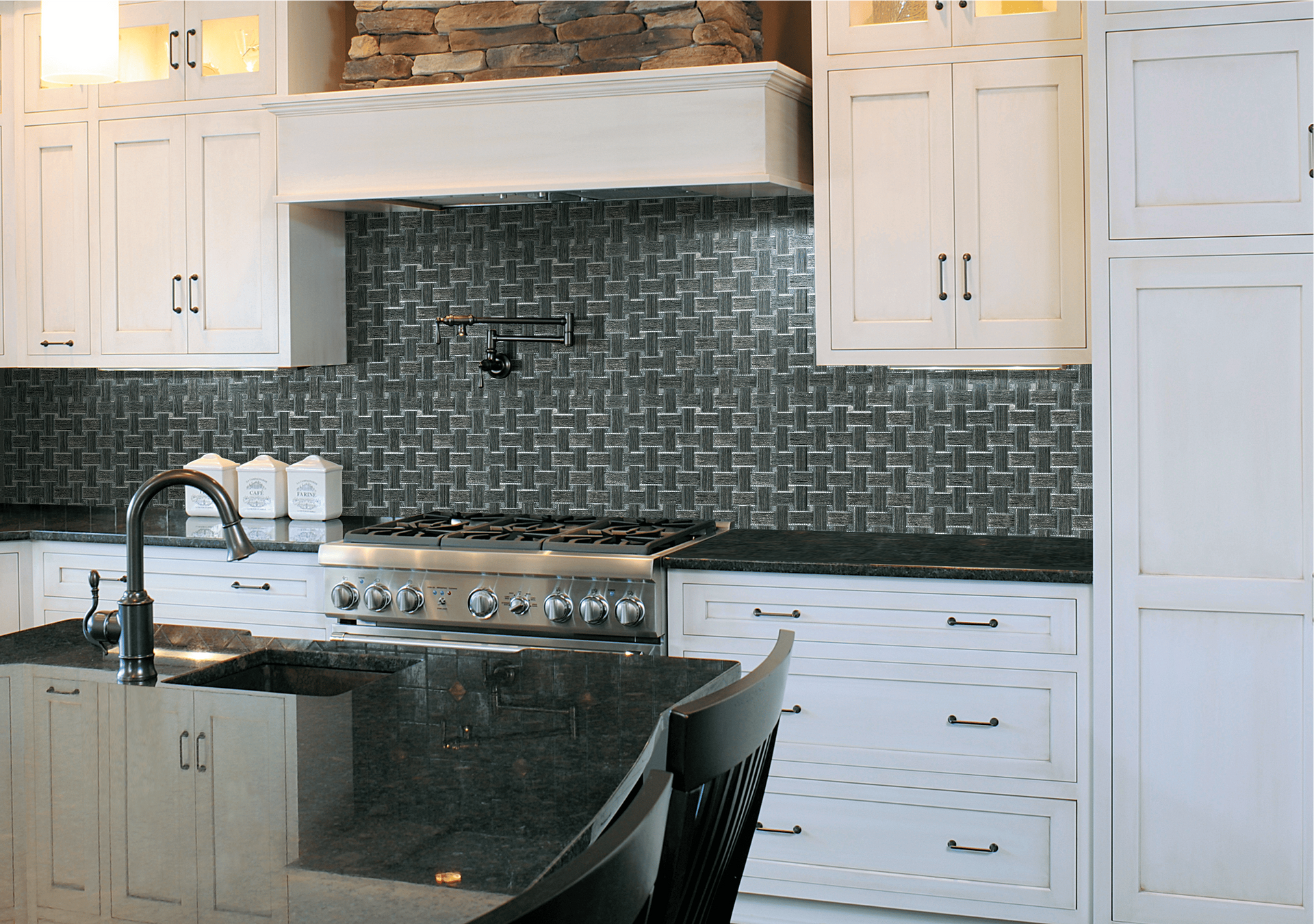 Crystal Weave Nero mosaic tile featuring interlaced black glass, perfect for dramatic accent walls.