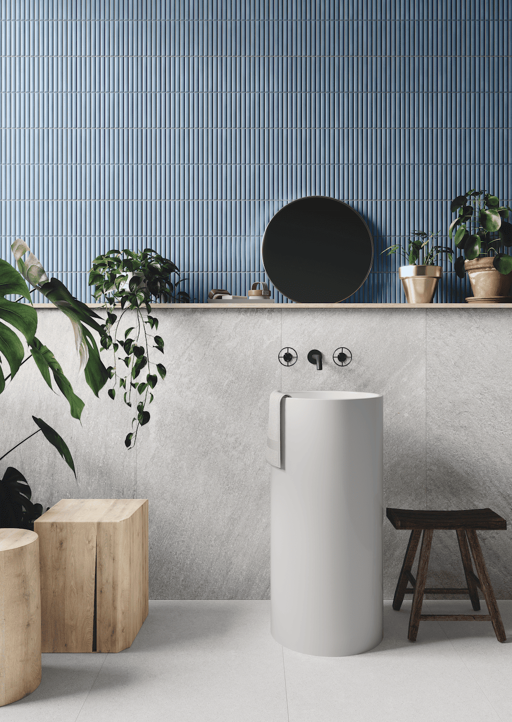 Blue tile adds personality and warmth to bathroom accent walls