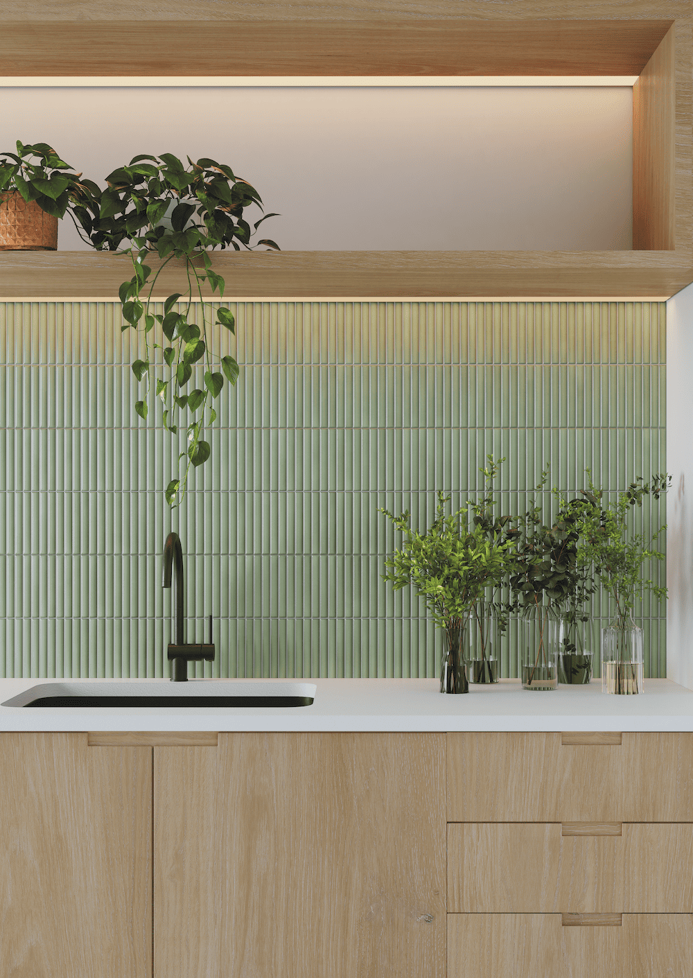 Deco Lingot Mint tile backsplash in bright contemporary kitchen