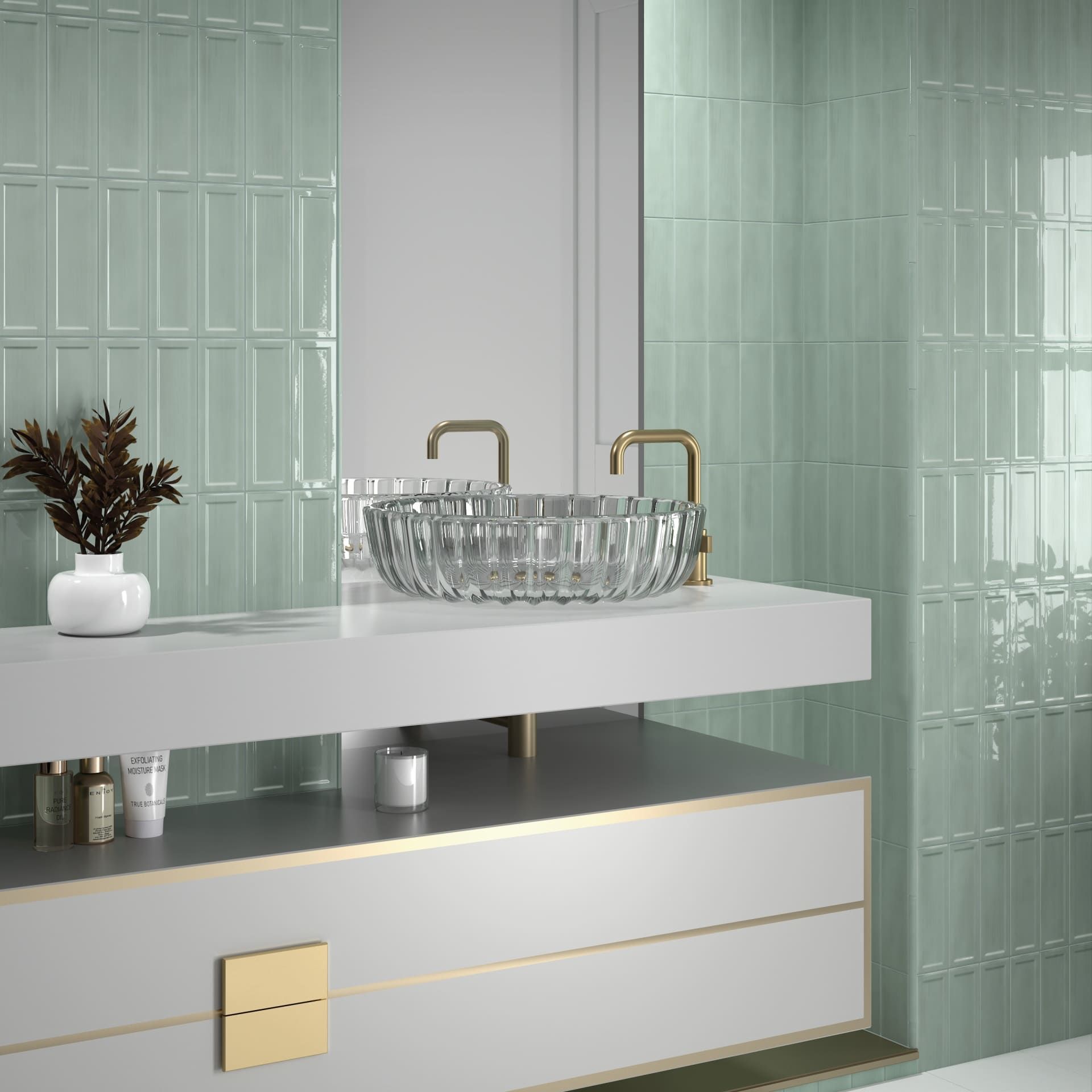 Modern kitchen with Island Collection tiles from mosaic and tile depot on floor and backsplash.