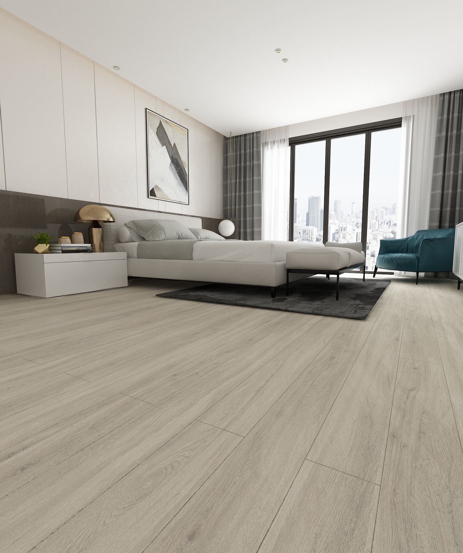 Silkstone Sand wood-look tile on bedroom floor with soft beige tones
