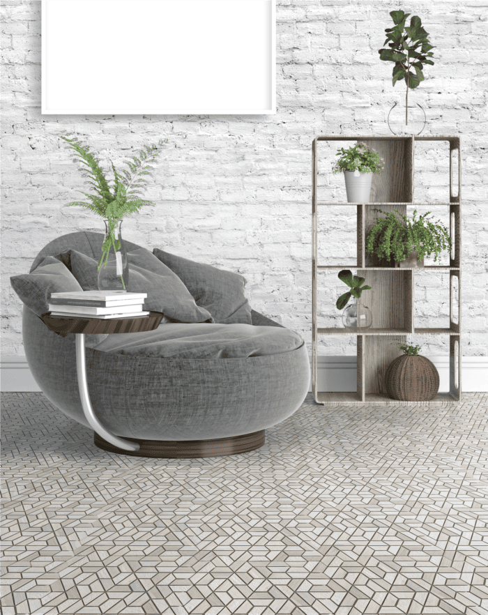 Sassari Hexagon mosaic offers geometric depth with stacked hex tiles in neutral hues.