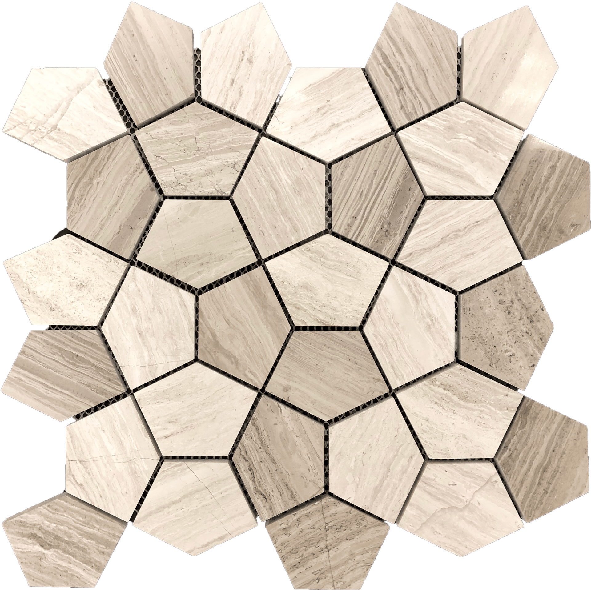 Pentagon Silverwood mosaic delivers sharp angles and polished stone finish.