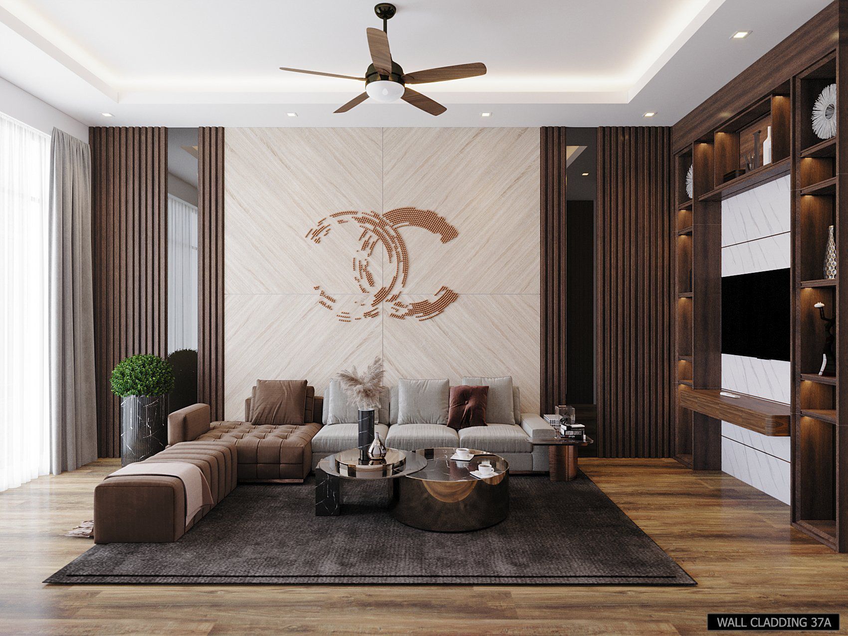 Living room with bold PVC Wall Panels 37A bringing a modern architectural touch to the accent wall.

