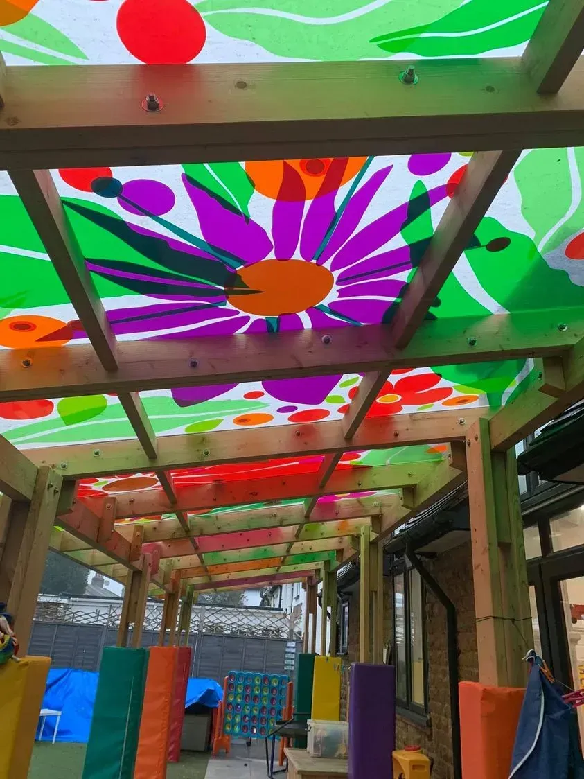 A colorful ceiling with a picture of a flower on it