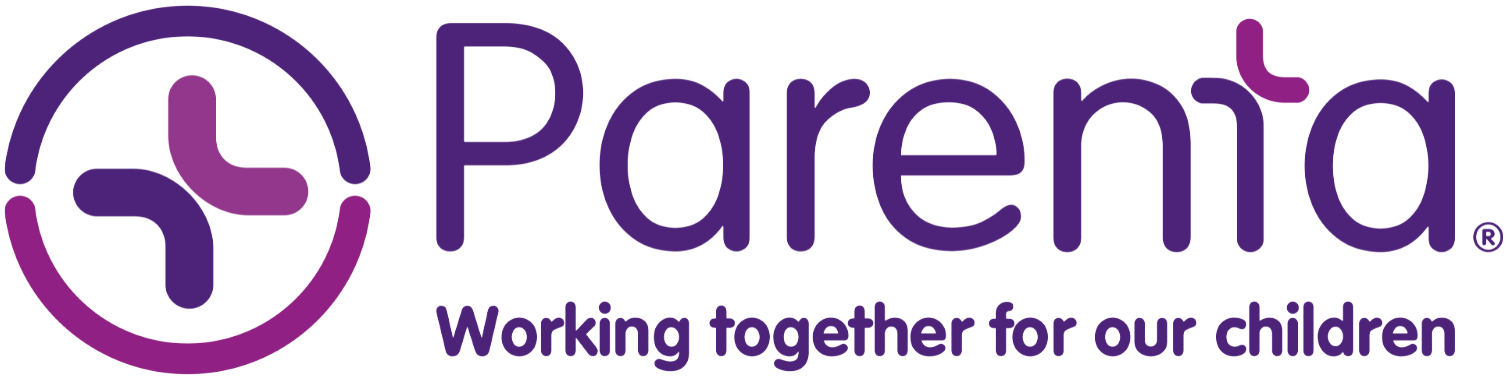 The logo for parenta is purple and white and says working together for our children.