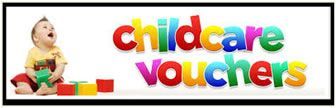 A baby is sitting next to a sign that says childcare vouchers
