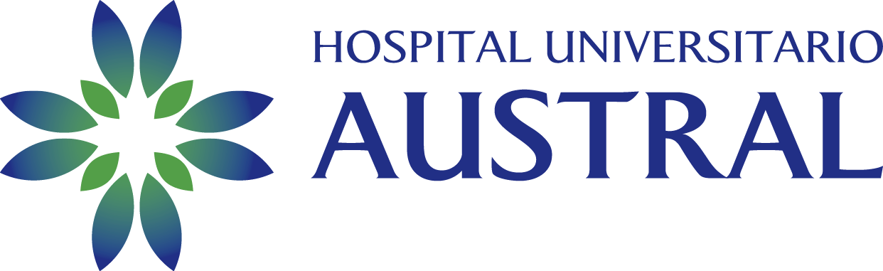 Logotipo del Hospital Universitario Austral con icono de flor azul y verde y texto