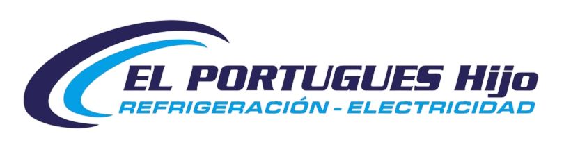 Logo de “El Portugués Hijo” en azul y negro, con texto “Refrigeración - Electricidad” debajo.
