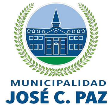 Logo de la Municipalidad José C. Paz con edificio azul y corona de laurel verde sobre fondo blanco.