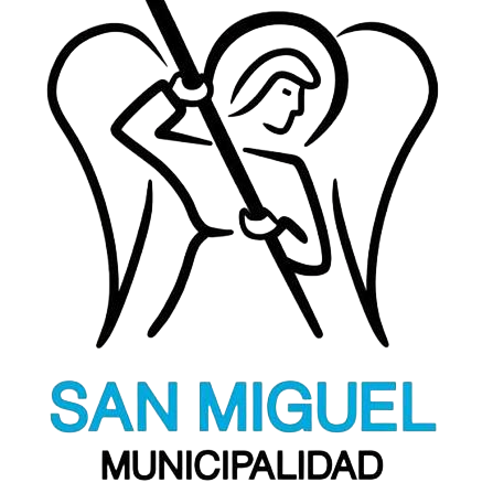 Logotipo del municipio de San Miguel con un ángel dibujado con líneas negras y texto azul.