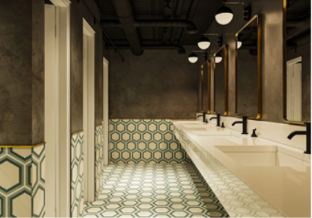 A public restroom with sinks, mirrors, and tiled floor. Black fixtures and overhead lighting against a neutral color palette.