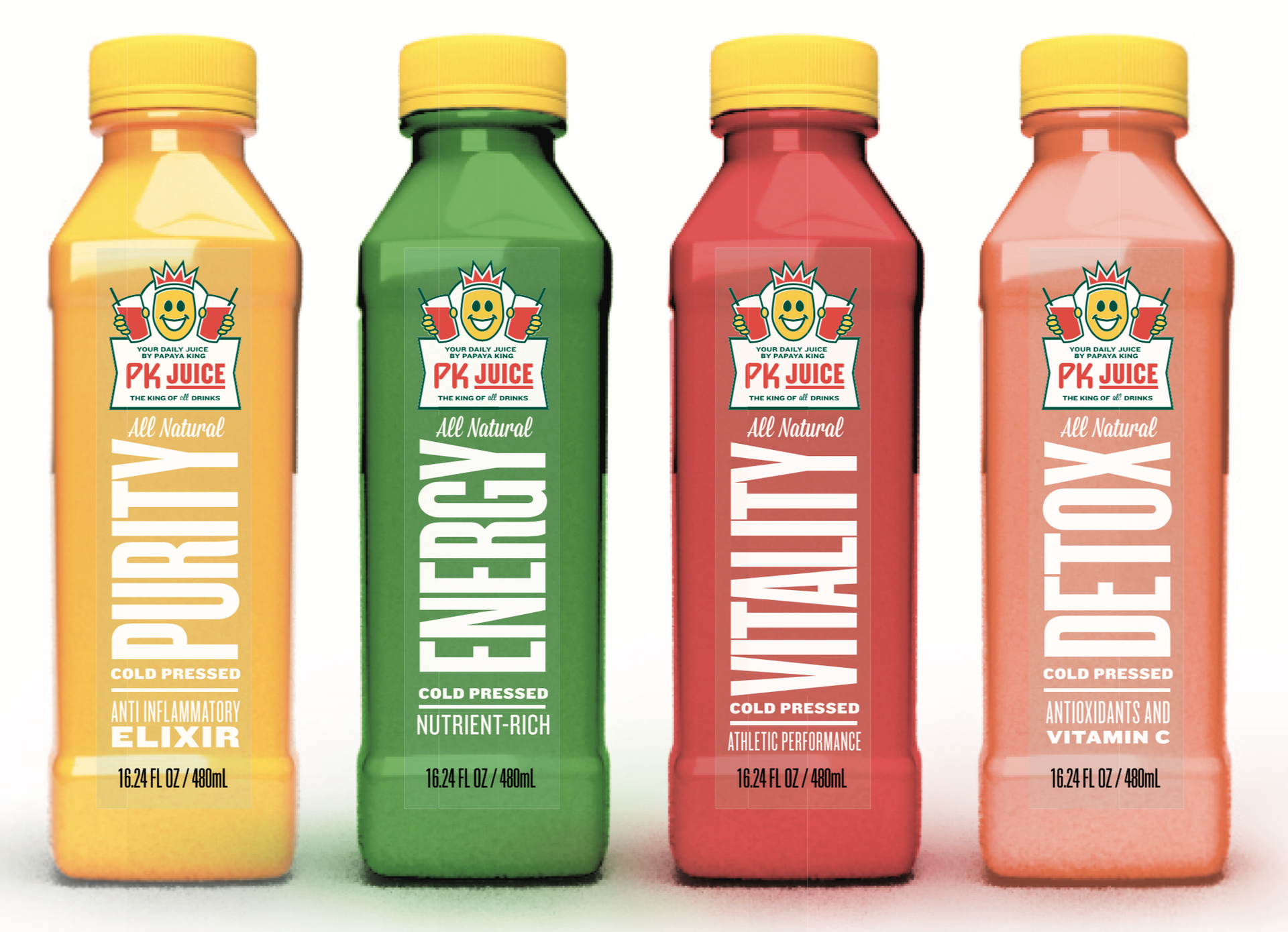 Four colorful juice bottles: yellow 