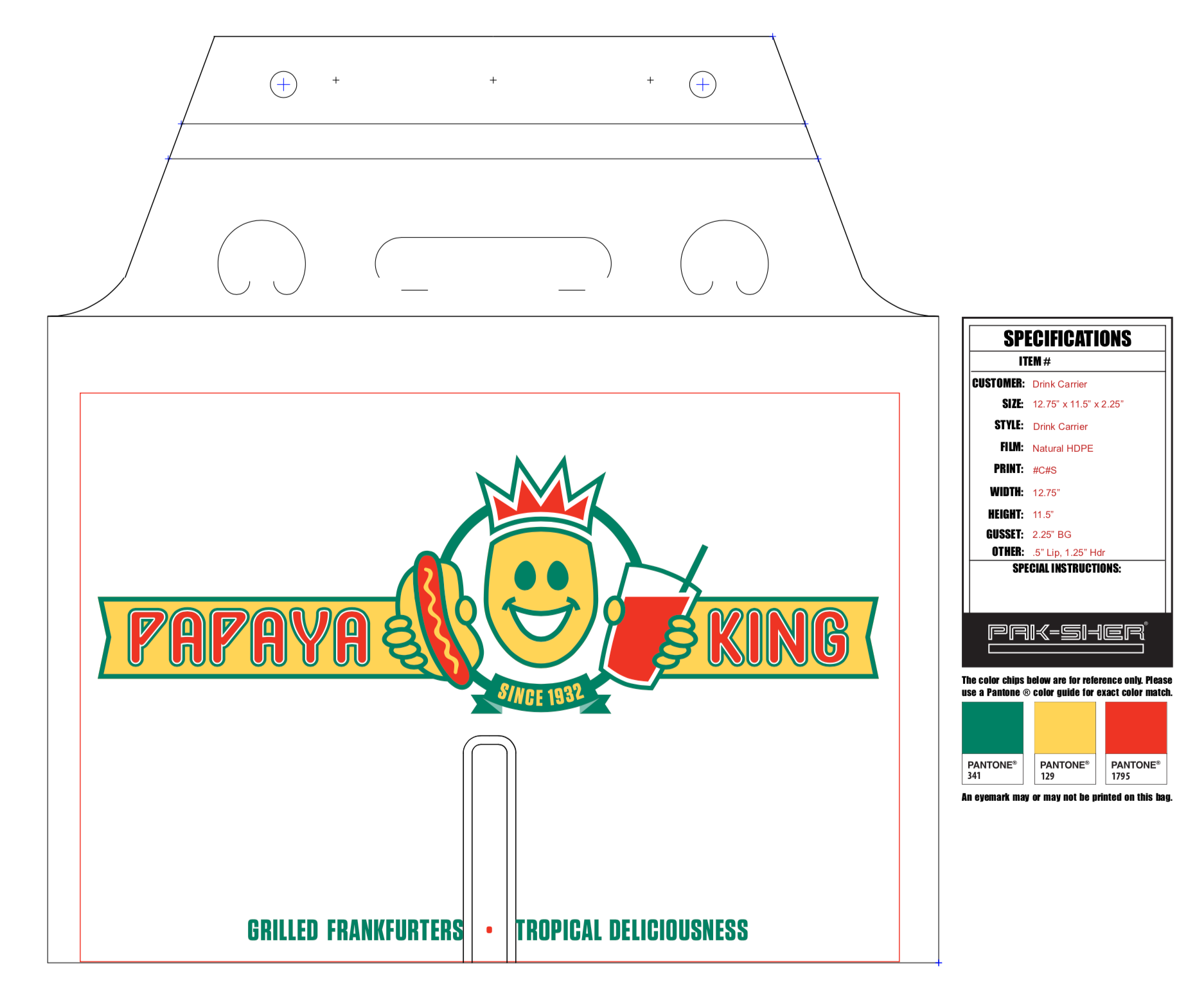 Papaya King box design with logo of smiling papaya holding a hotdog and drink, text and color swatches.