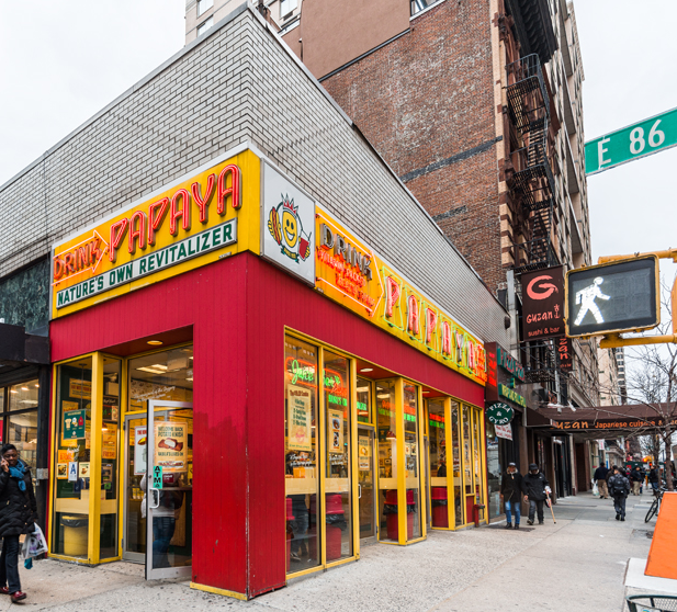 Exterior of a bright red and yellow 