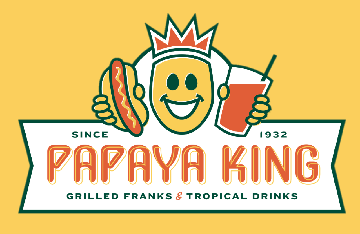 Papaya King logo with smiling papaya holding hot dog & drink, topped by a crown. 