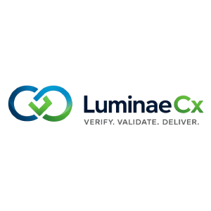 LuminaeCx logo with blue-green interlocking links and the tagline “Verify. Validate. Deliver.”