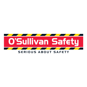 O’Sullivan Safety logo with red, black, and yellow hazard stripes and the tagline “Serious About Safety”