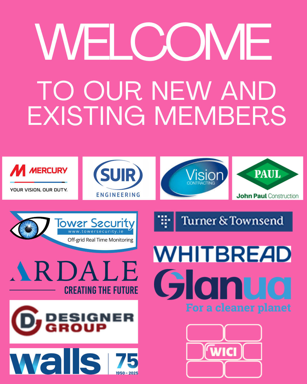 Welcome banner for new and existing members with multiple sponsor logos on pink background
