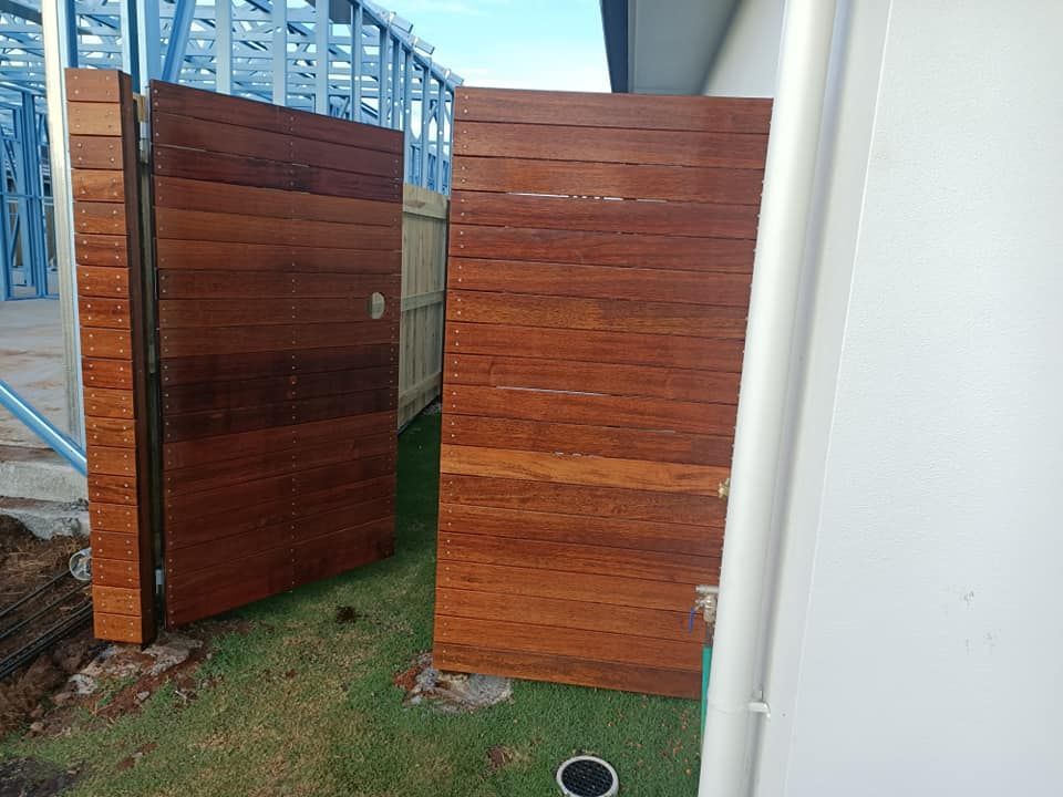 Wooden Gate, One Leaf Open, Near a Building — Quality Fences 4 U in Gympie, QLD