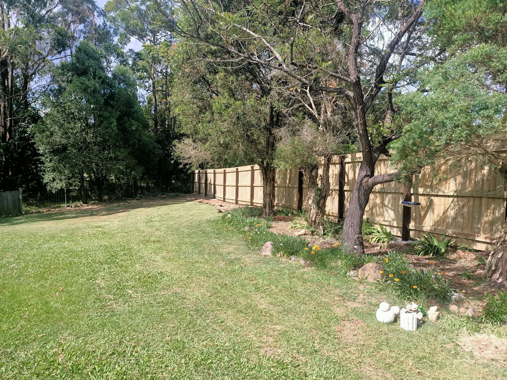 Grassy Backyard With Trees, A Tan Fence, And A Few White Buckets Near The Right Side — Quality Fences 4 U in Gympie, QLD