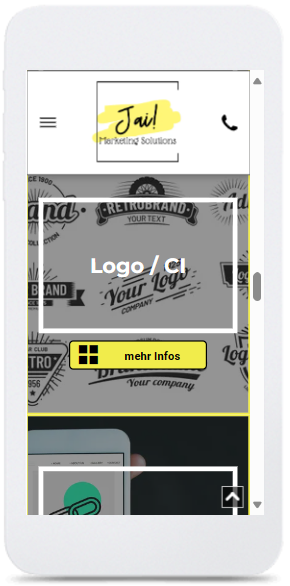 Ein weißes Mobiltelefon mit einem Logo/einer CI-Seite