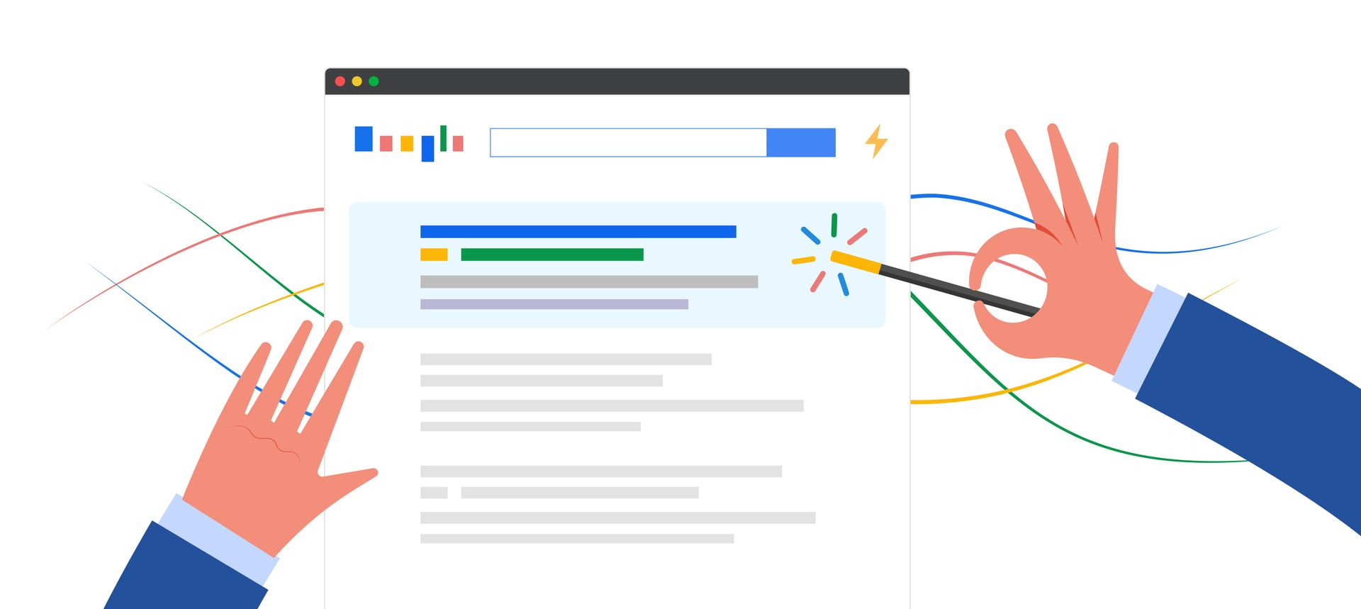 Eine Person hält einen Zauberstab vor einer Google-Suchseite.