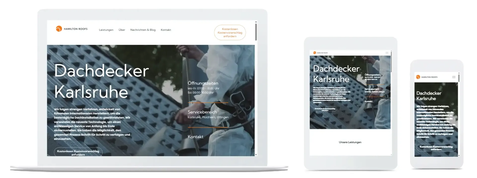 Ein Laptop, ein Tablet und ein Mobiltelefon, auf dem eine Website angezeigt wird.