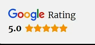 Eine Google-Bewertung von 5,0 Sternen wird auf weißem Hintergrund angezeigt.