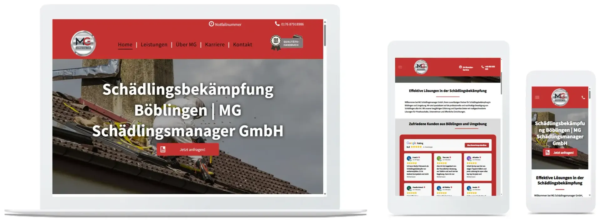 Ein Laptop, ein Tablet und ein Mobiltelefon, auf dem eine Website angezeigt wird.