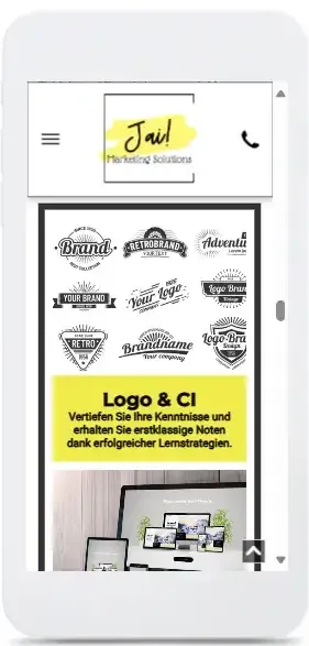 Ein Mobiltelefon zeigt eine Seite mit dem Text „Logo & cl“ an.
