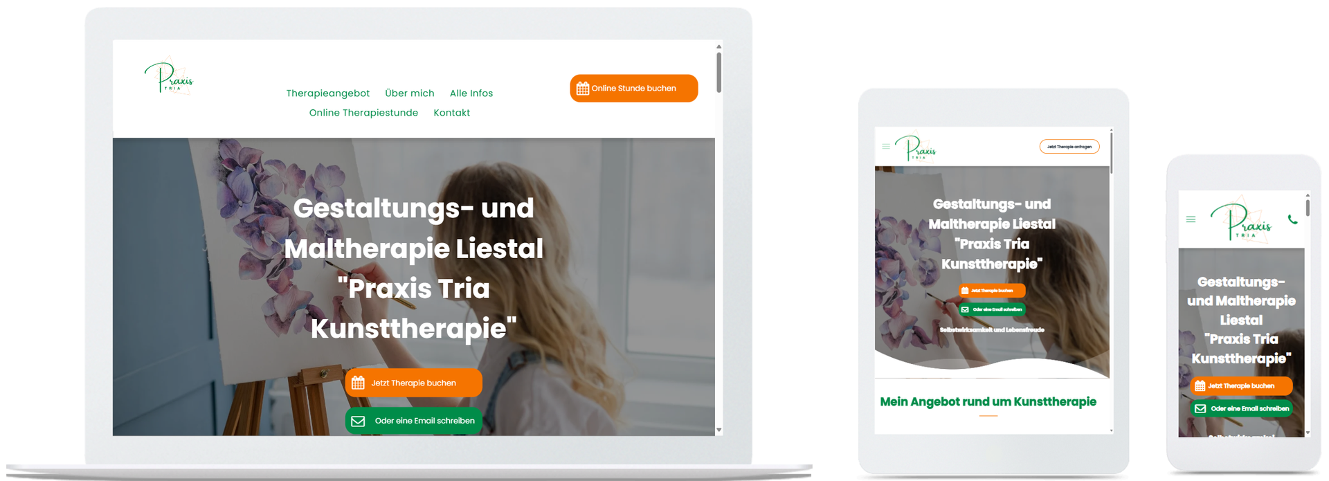 Ein Laptop, ein Tablet und ein Handy, auf denen eine Website für Sushi & Co. angezeigt wird.