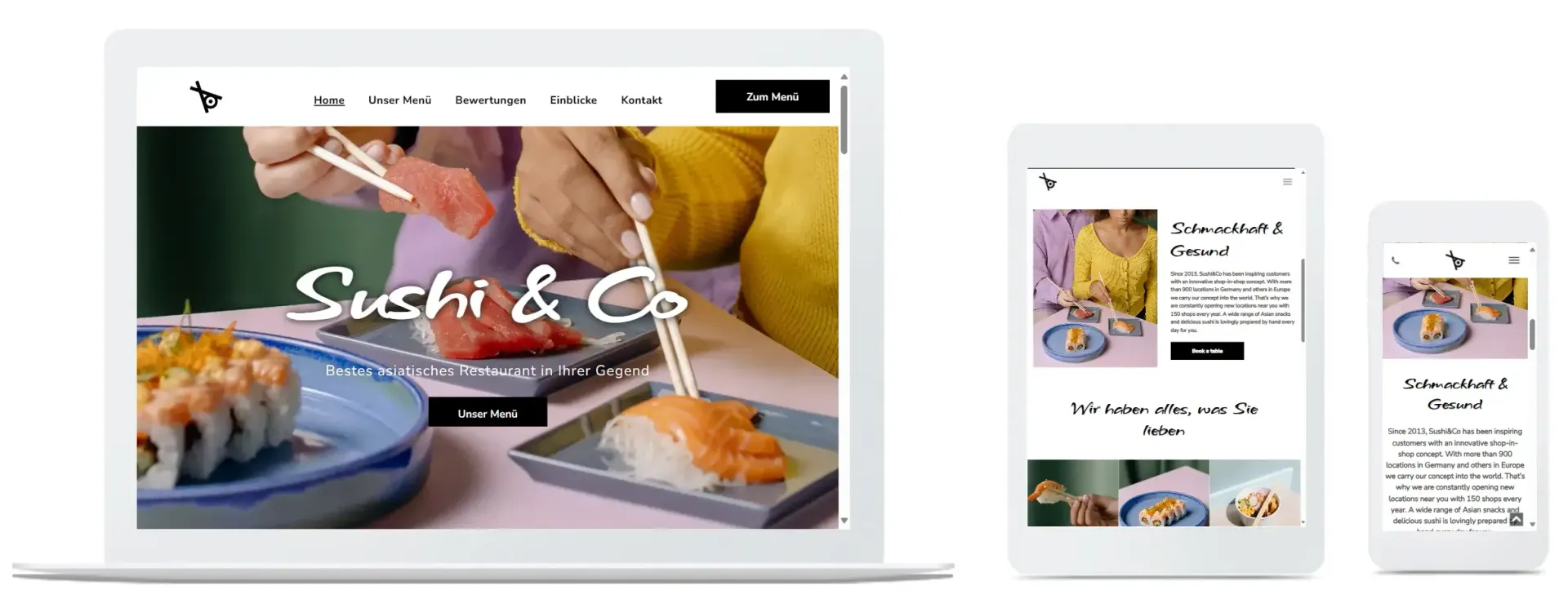 Auf einem Laptop-Bildschirm wird eine Website für Sushi & Co. angezeigt.