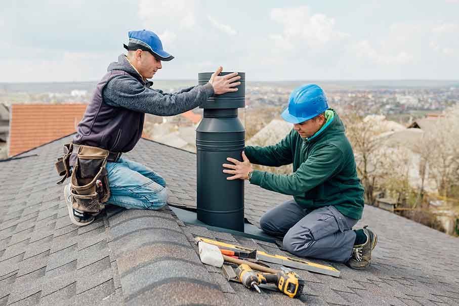 Two professional workmen is standing roof top and measuring chimney – Macungie, PA - Anytime Todd's Chimney Sweeping