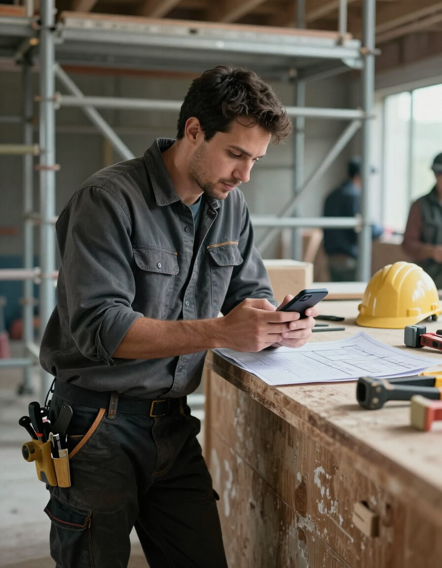 Busy small business owner scrolling social media on phone