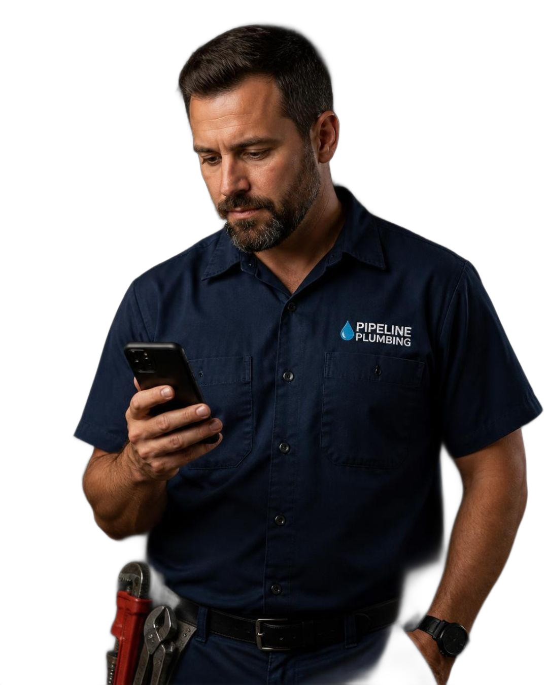 Man in navy work shirt looking at a smartphone, with tools on his belt, against a white background