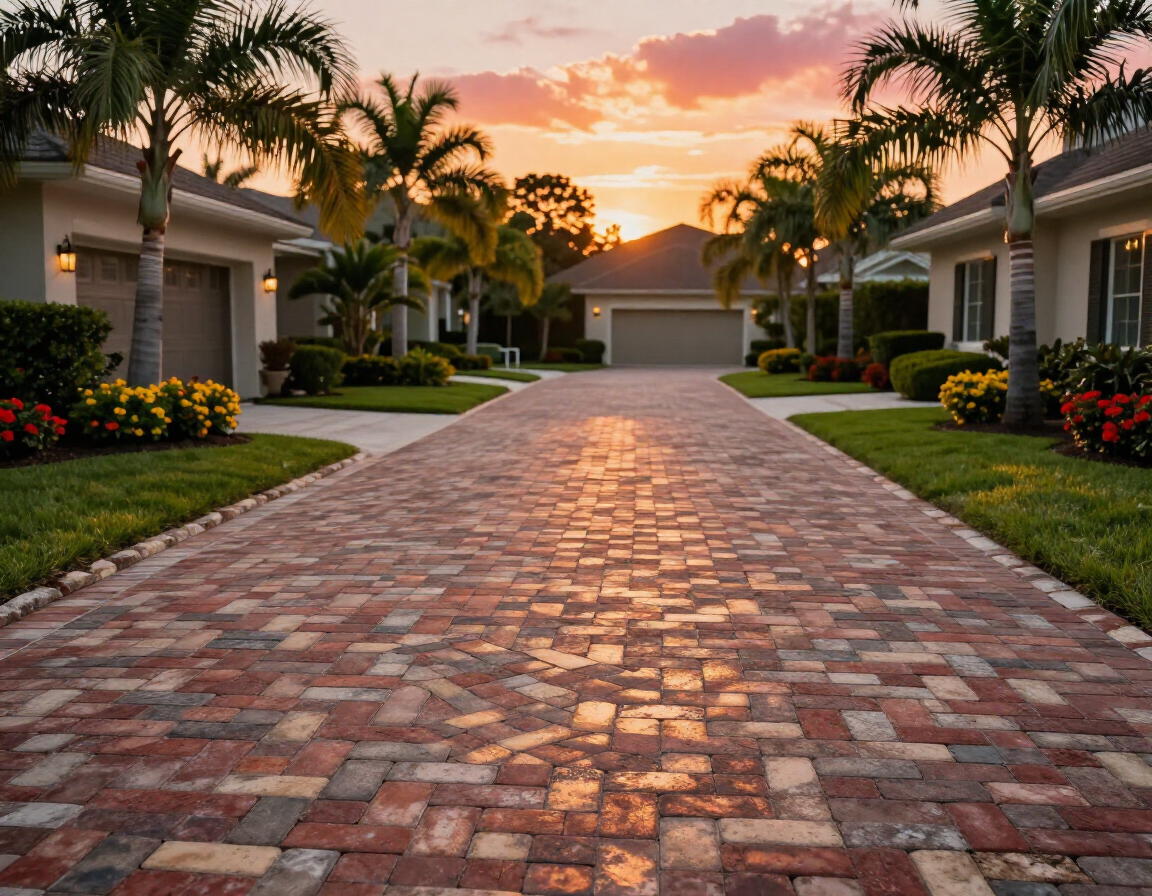 Herringbone pattern paver driveway
