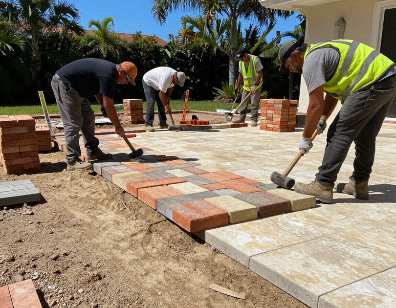 Paver crew installing stone patio in Florida