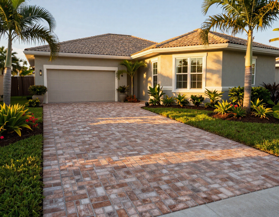 Newly completed interlocking brick driveway at golden hour