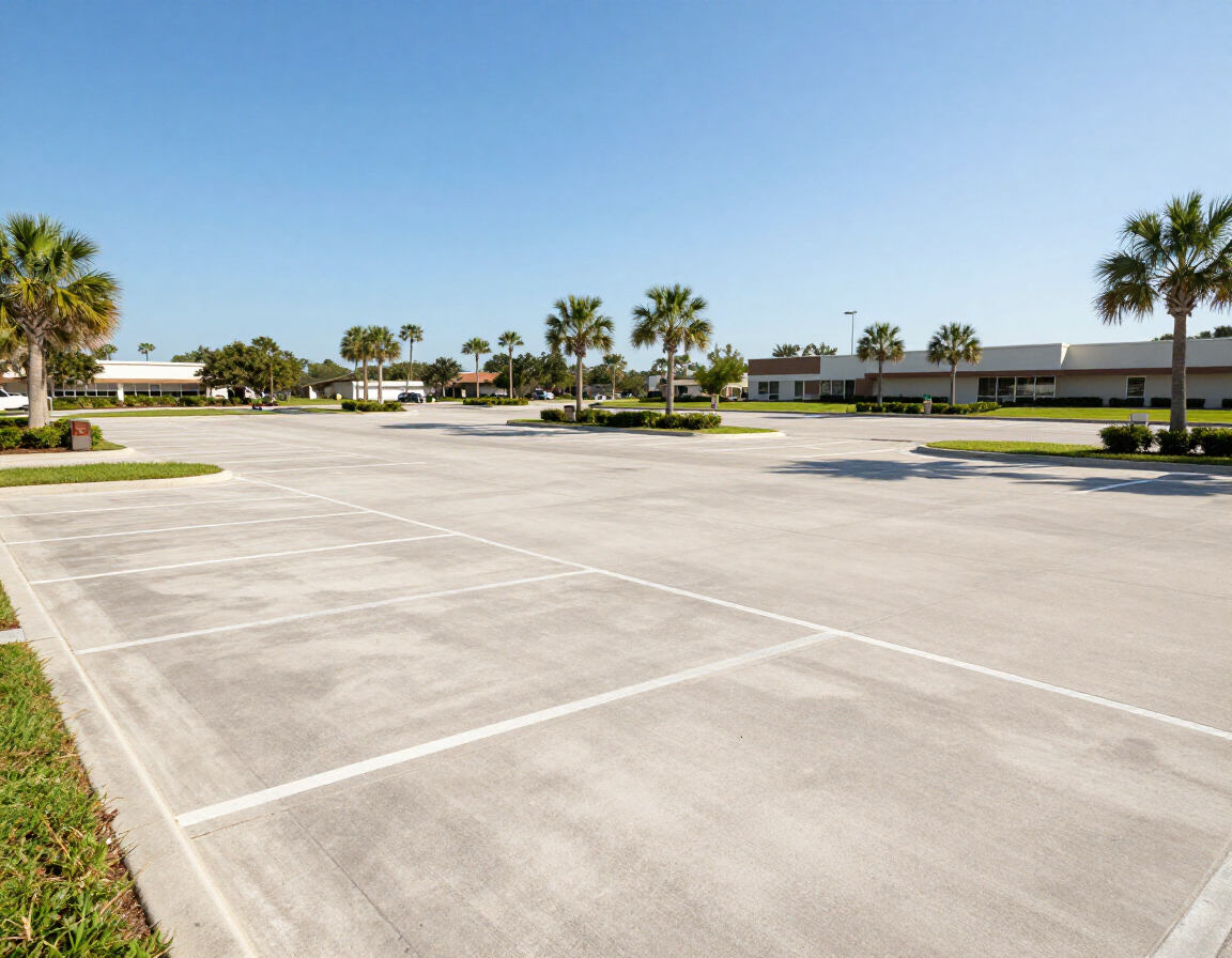 Large commercial parking lot with freshly laid pavers