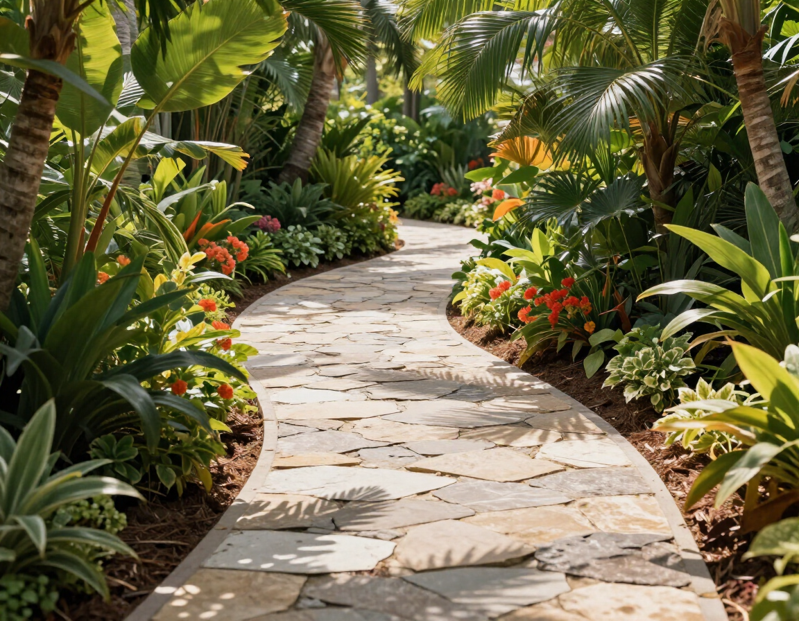 Curved stone walkway through tropical garden landscaping