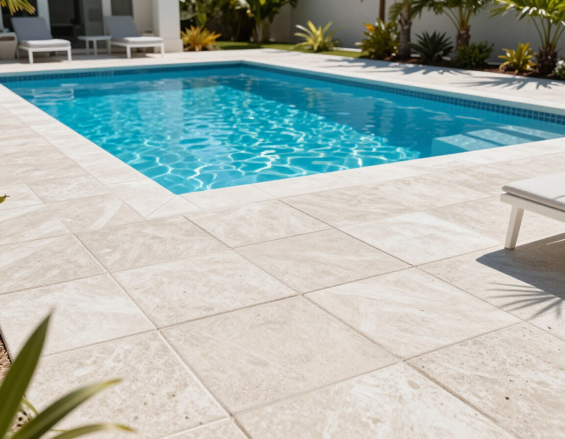 Pool deck with light-colored slip-resistant pavers around a residential pool