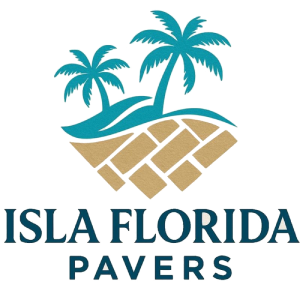 Isla Florida Pavers logo with teal palm trees and tan paver pattern