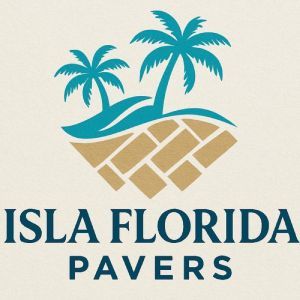 Isla Florida Pavers logo with teal palm trees and tan paver design