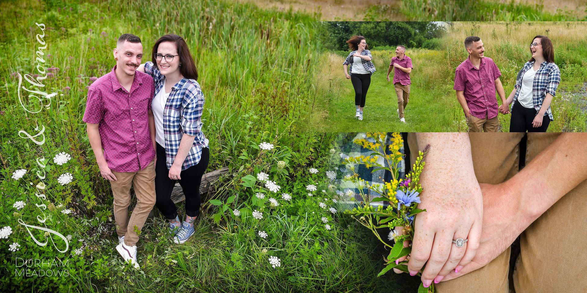 Engaged Couple standing in a wildflower field, with a close-up of clasped hands and engagement ring.