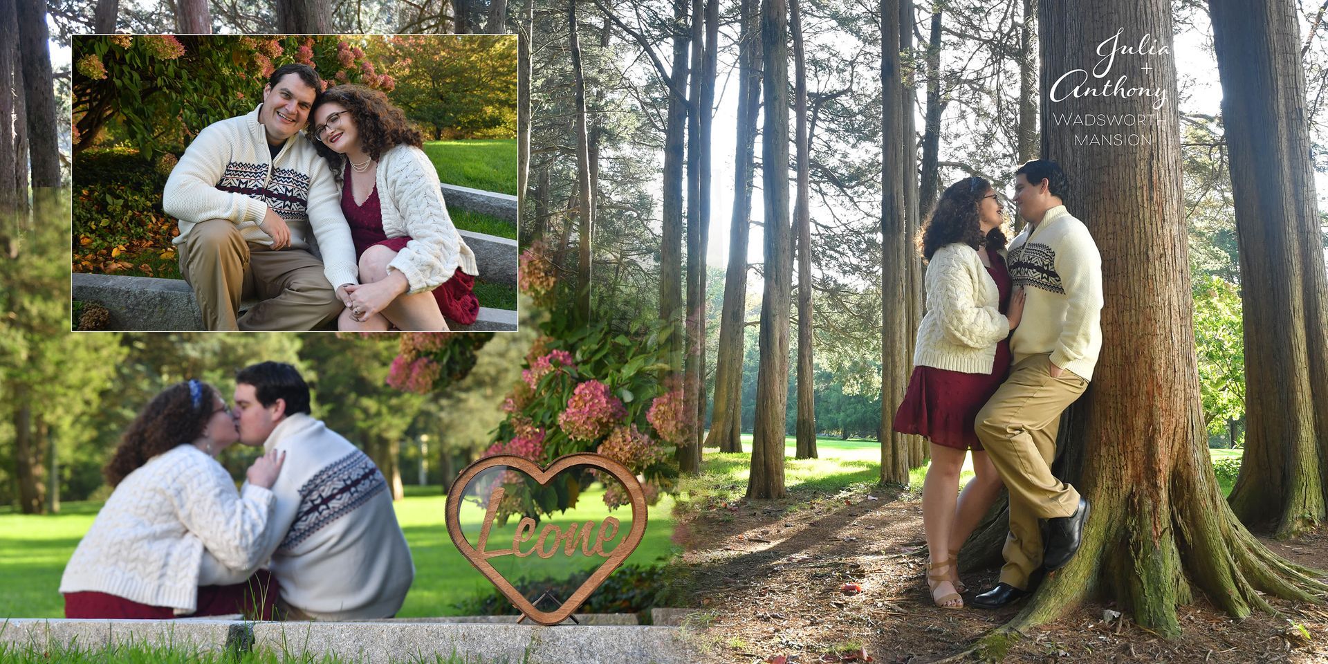 Collage of a couple embracing in a sunlit forest, with small inset photos of them sitting together and a heart graphic.